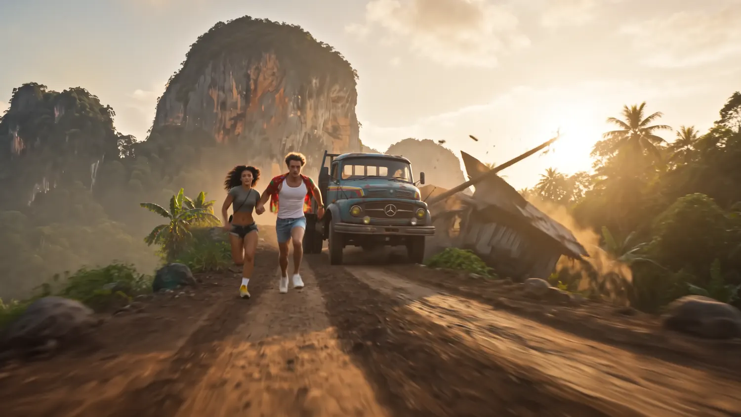 User and Nika running ahead of a truck on a tropical mountain road