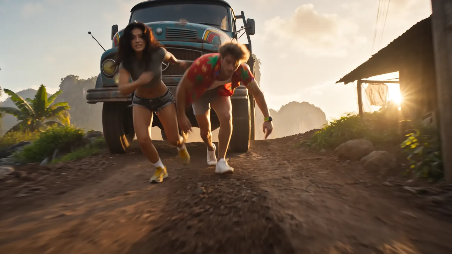 Close action frame of the protagonists escaping a truck