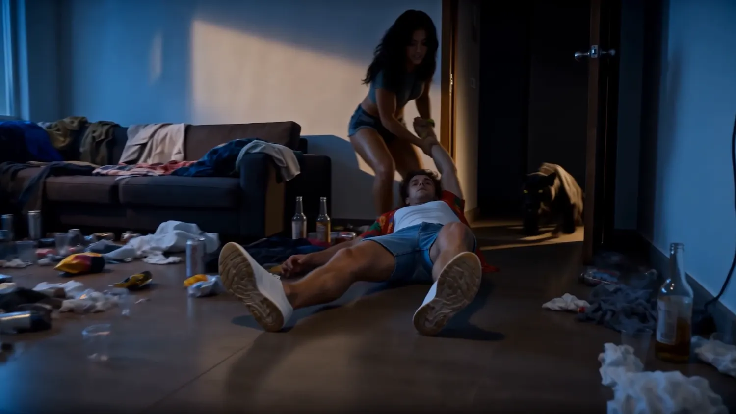 Nika pulling User through a messy student room as a black panther enters