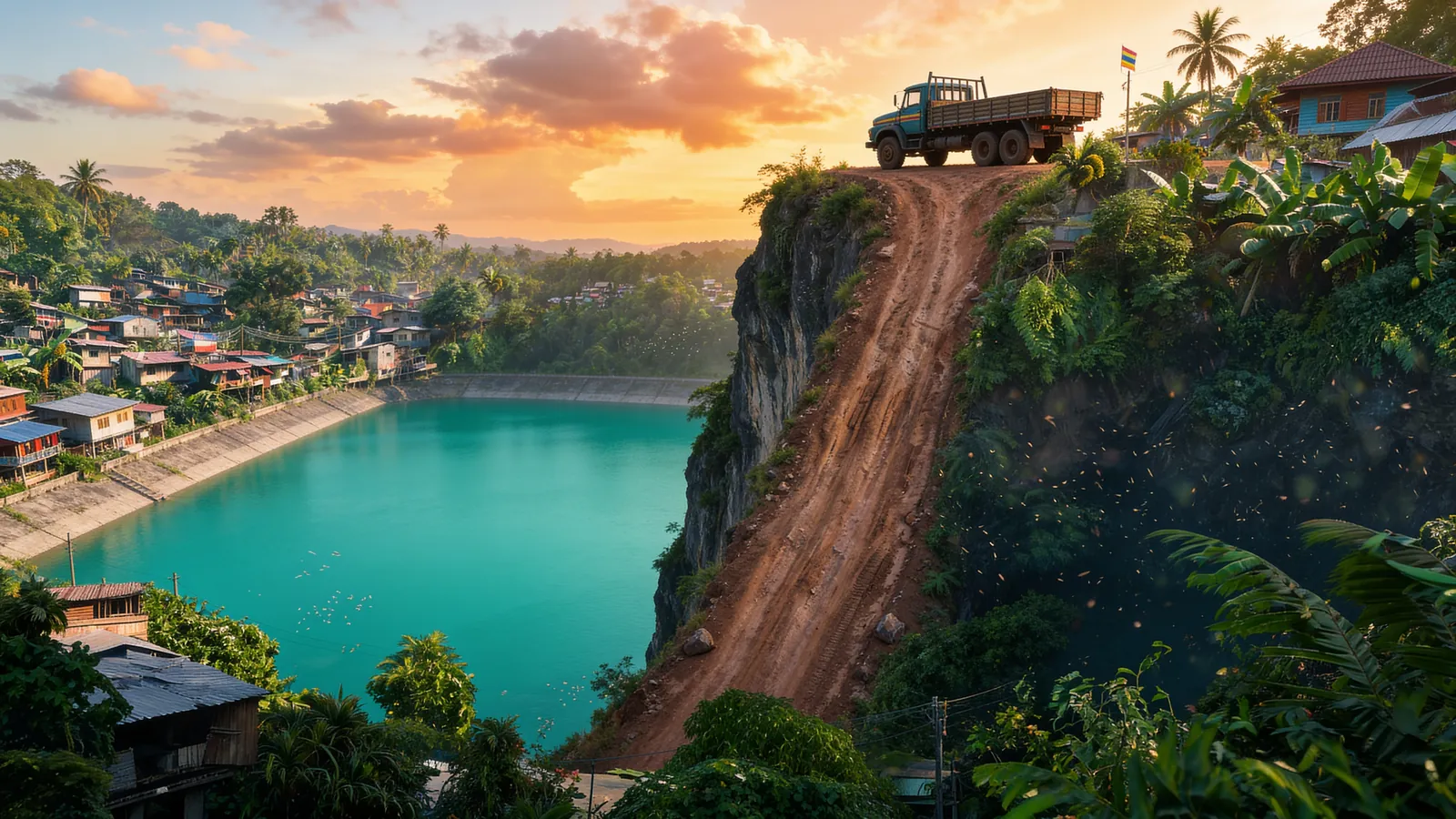 Location setup reference showing the tropical settlement, cliff road and truck orientation