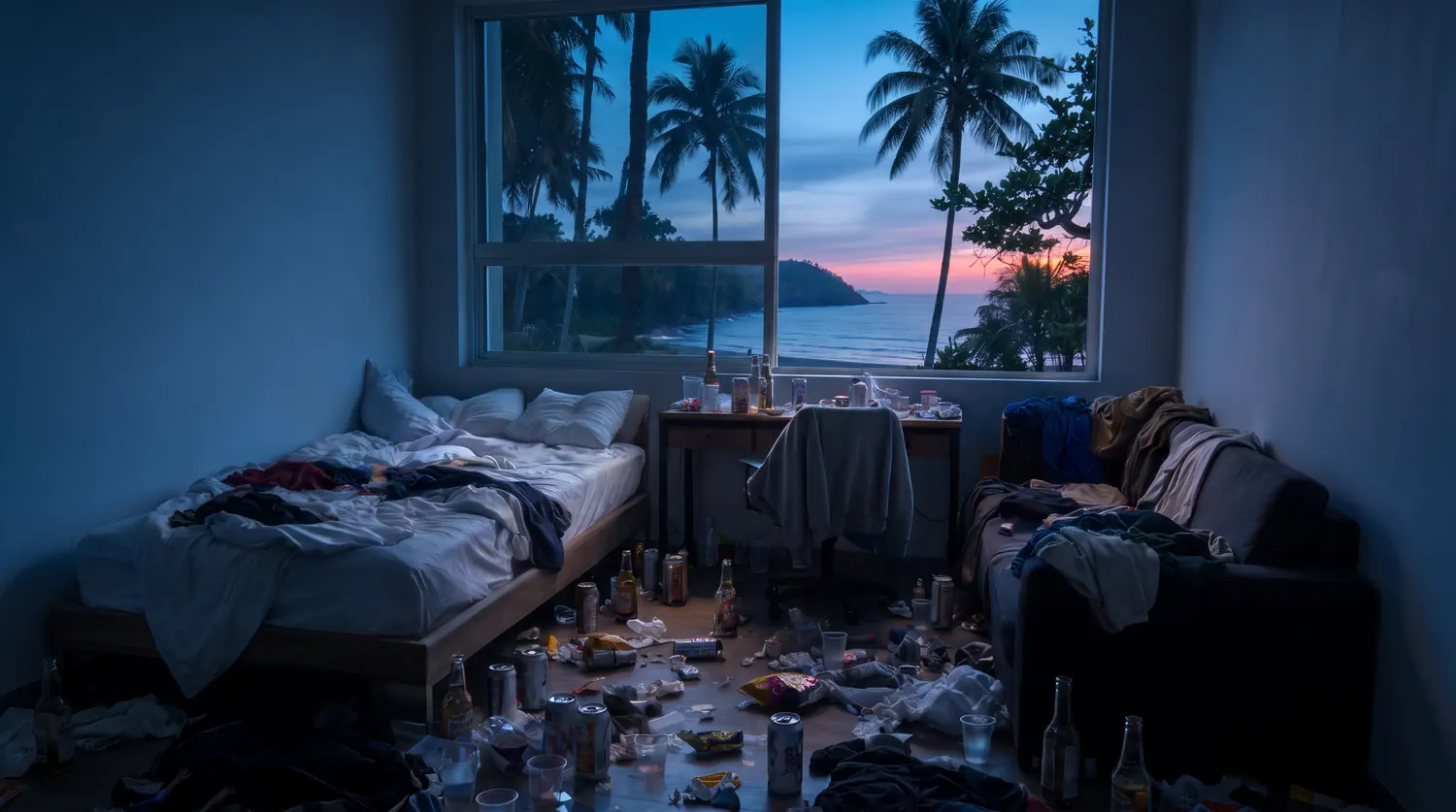 Tropical room location reference at blue hour